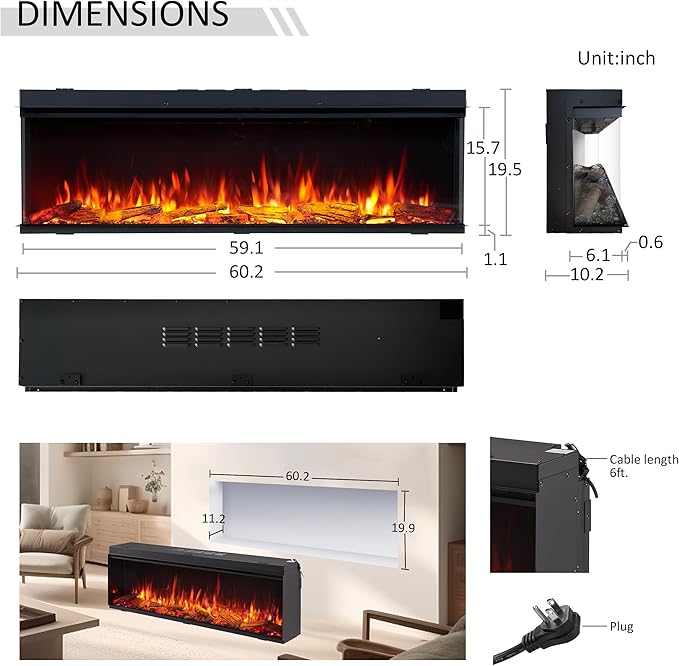 Legend Flame 59" W Smart Build in Electric Fireplace Insert, 1-2-3 Sided View
