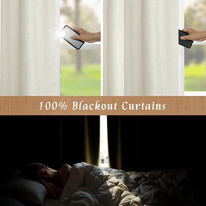 LAMIT 100% Blackout Short Linen Curtains, 48 Inch Length Linen Textured Thermal