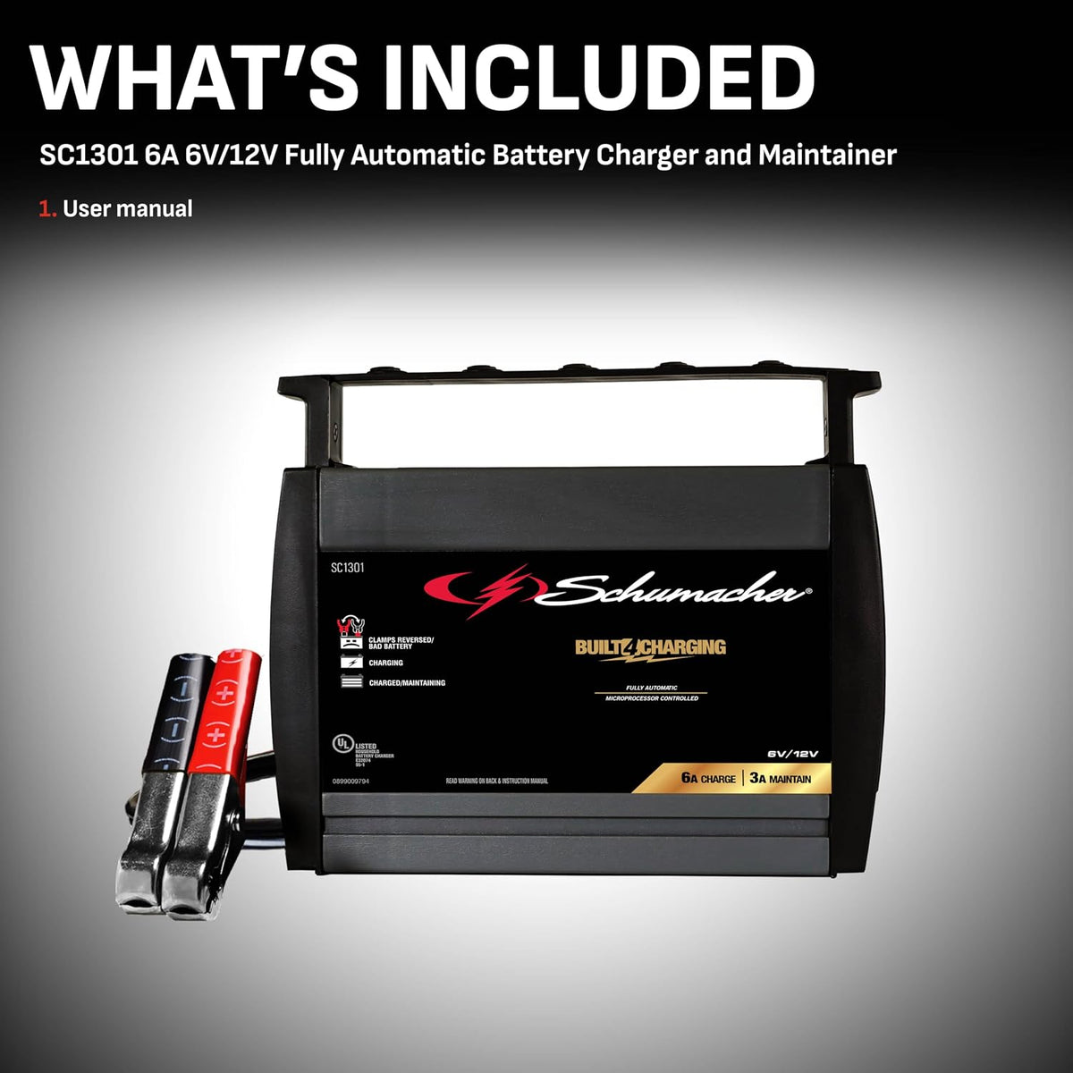 Schumacher Electric Battery Charger and Maintainer, SC1301, 3-in-1, Fully Automatic, 6 Amps, 6 Volt, 12 Volt, for Car, Power Sport, Truck, and Marine Batteries