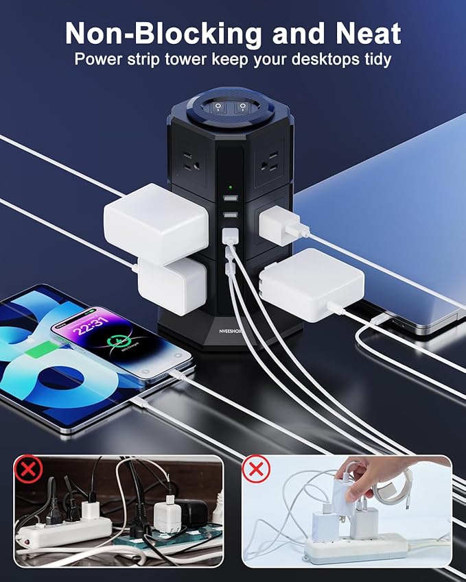 Surge Protector Power Strip Tower, 10FT Ultra Flat Extension Cord