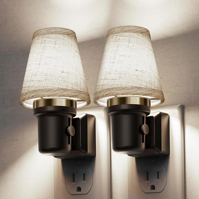 L LOHAS LED Night Lights Plug into Wall, 2 Pack Linen Fabric Round Platform
