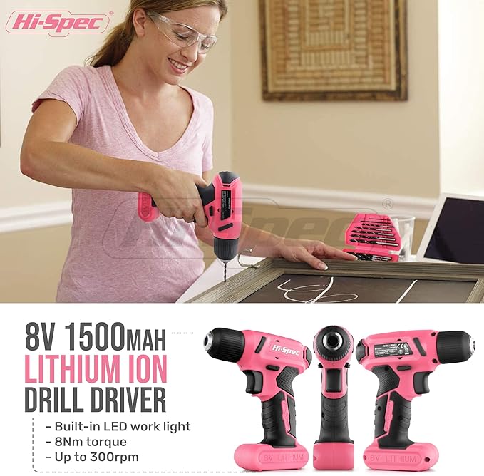 Hi-Spec 58pc Pink 8V USB Electric Power Cordless Drill Driver and Womens Ladies