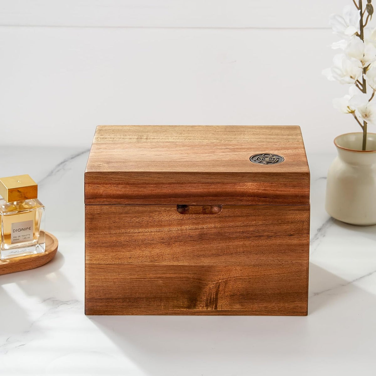 Acacia Wood Tampon Holder for Bathroom, Feminine Product Organizer with Hinged Lid, 2-Compartment Shark Week Period Box, Pad&Tampon Organizer, Girl Stuff Box for Bathroom Storage