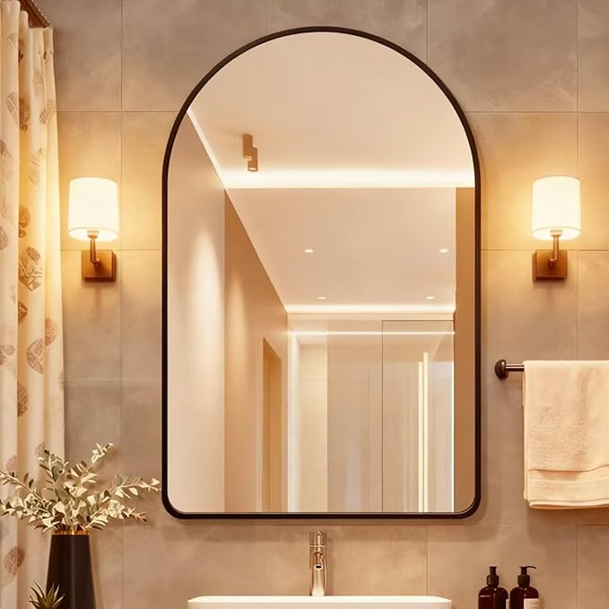 24x36 Inch Premium Black Arched Tempered Glass Mirror Shatter Resistant No