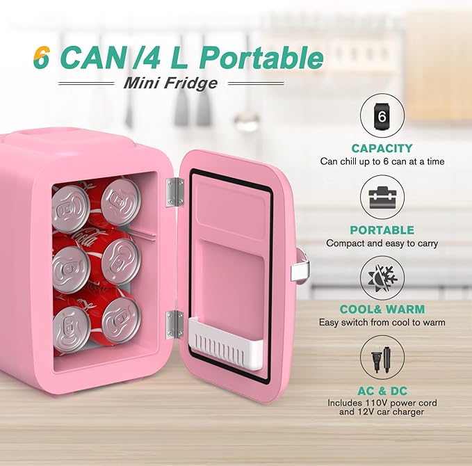 CROWNFUL Mini Fridge, 4 Liter/6 Can Portable Cooler and Warmer Personal
