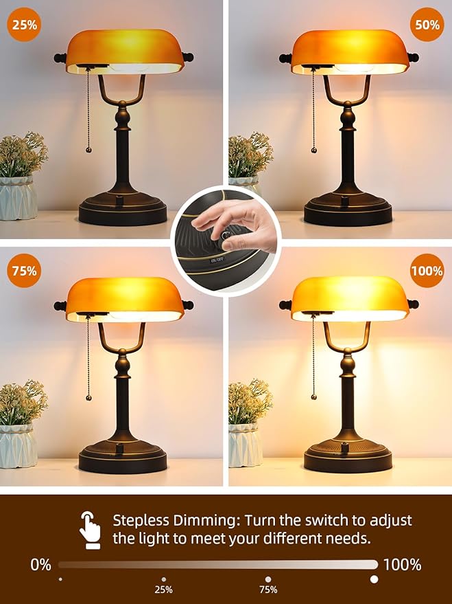 Newrays Matted Amber Glass Bankers Desk Lamp, Stepless Dimmable Table Lamp Plug