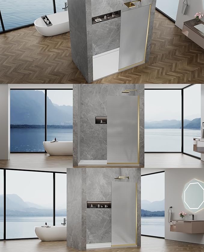 36"x76" Fixed Glass Shower Door, Square Pattern Textured Privacy 5/16" Thick