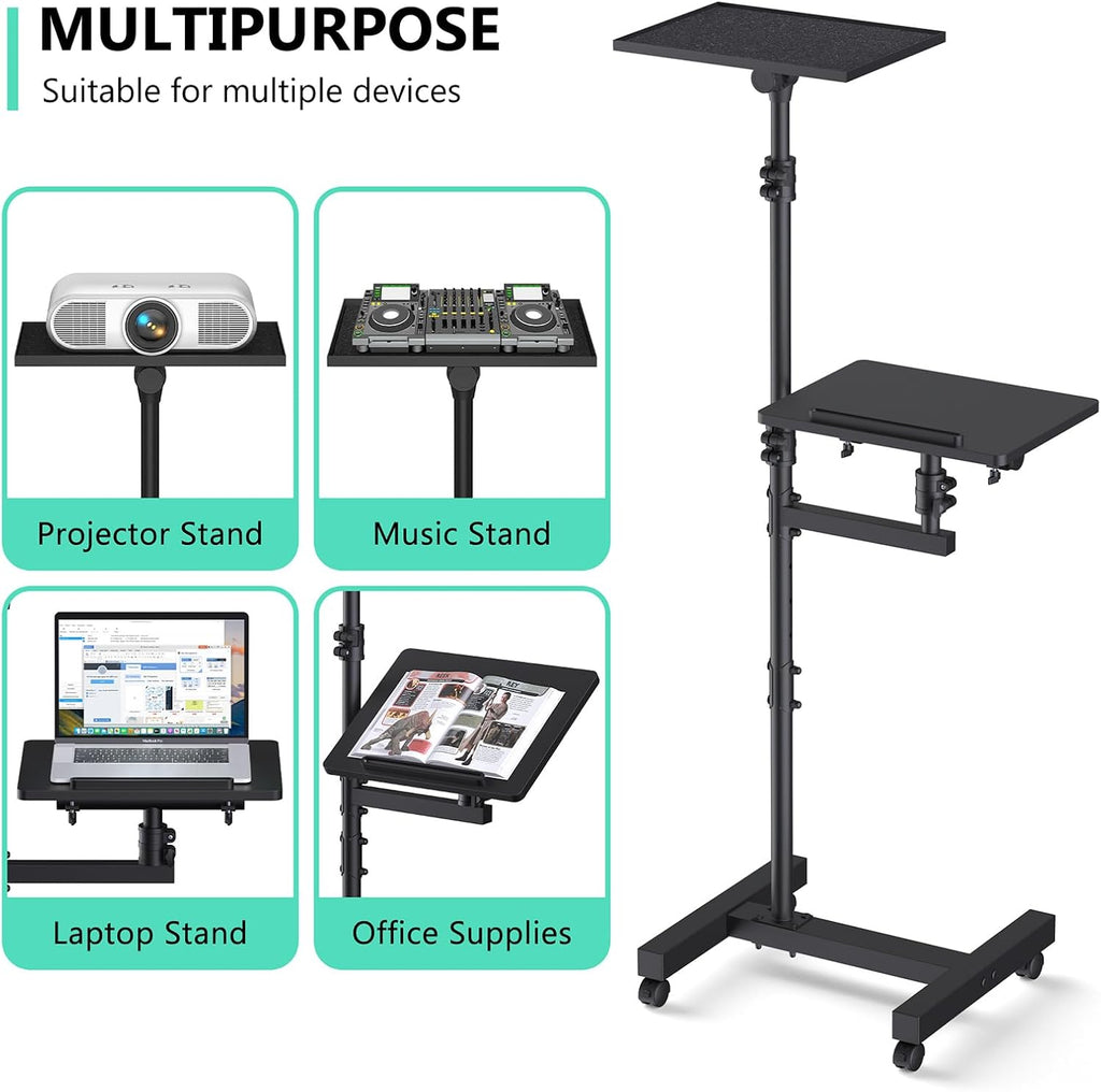 Projector Stand on Wheels, Dual-Tray Tripod Cart 45-64", Holds 20 lbs
