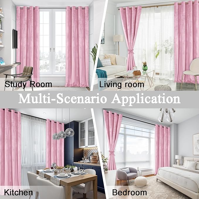 JIUZHEN Pink Velvet Curtains 96 inches (Set of 2)