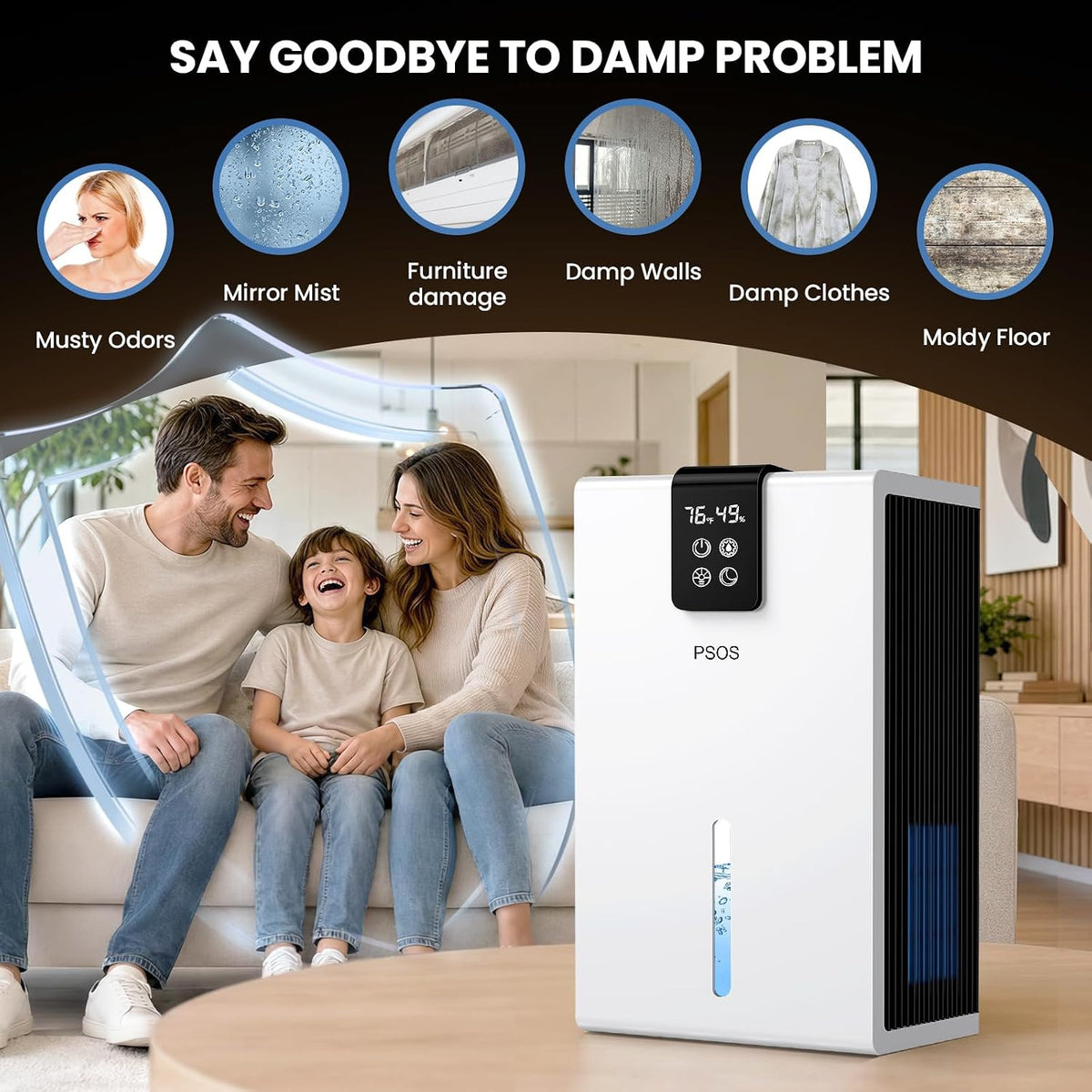 PSOS Dehumidifier, Dehumidifiers for Home, 98 OZ Water Tank, (1000 sq.ft) Quiet Dehumidifier for Basement Bathroom Bedroom with Humidity Display, Auto Shut Off, Relaxing 7 Color Ambient Light(White)