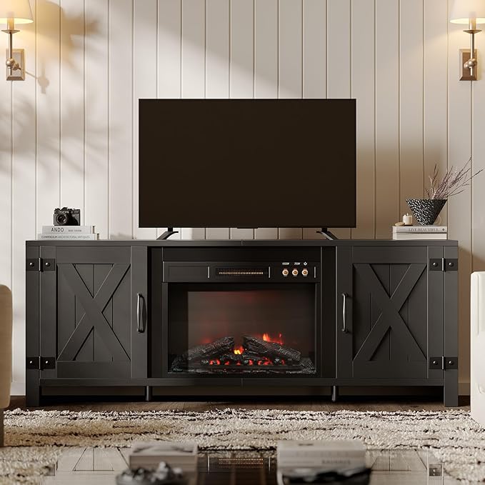 Bestier 63" Fireplace TV Stand for TVs Up to 70", Farmhouse Barn Door