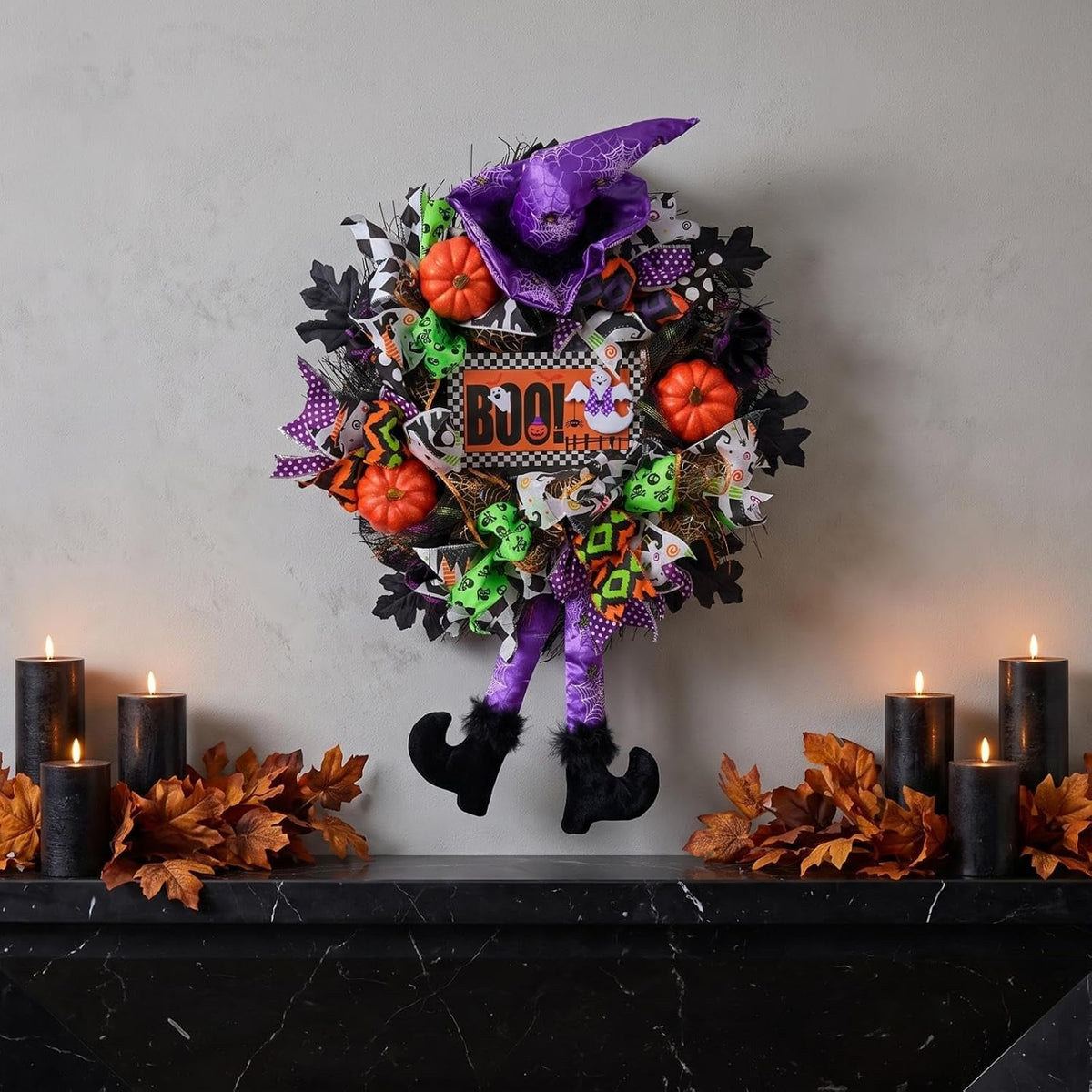 Halloween Wreath for Front Door,20 inch Whimsical mesh Wreath with Witch