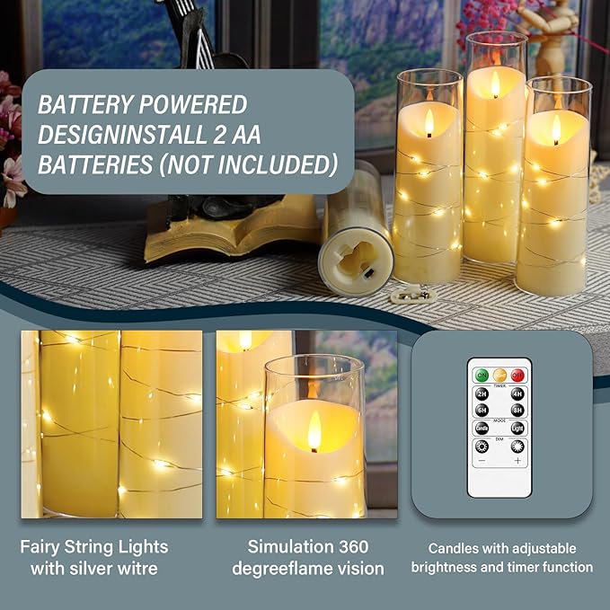 Flameless Candles with Embedded Star String, Battery Operated LED Pillar (Set of 9)