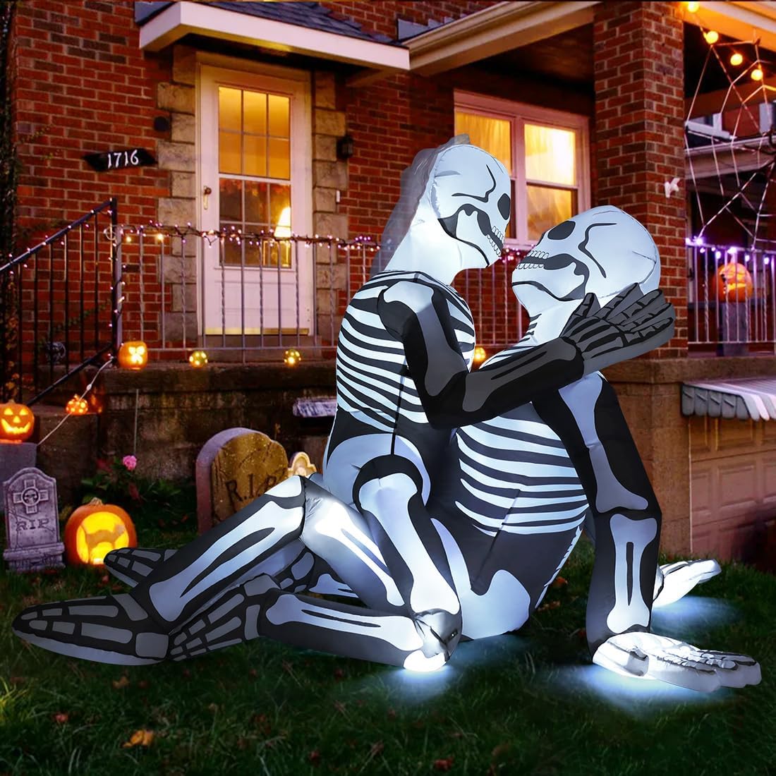 GOOSH 6.5 FT Long Halloween Inflatables Skeleton Outdoor Decorations Blow Up Yard Cuddling Couple Lovers with Built-in LEDs for Garden Lawn Indoor Party Decor