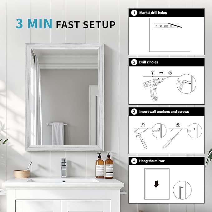 White Wood Effect Framed Wall Mirror, 24x36 Rectangle Mirror, Anti-desilvering