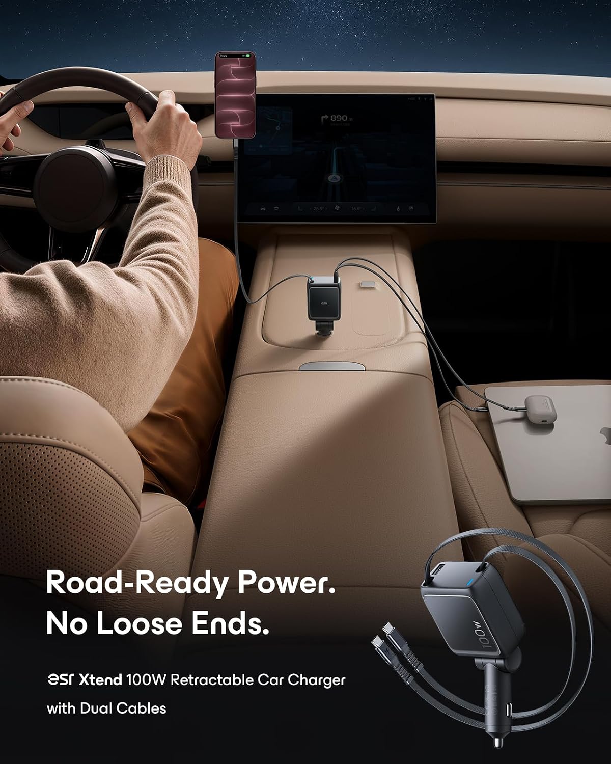 esr xtend 100w retractable car charger with avs, close-up detail