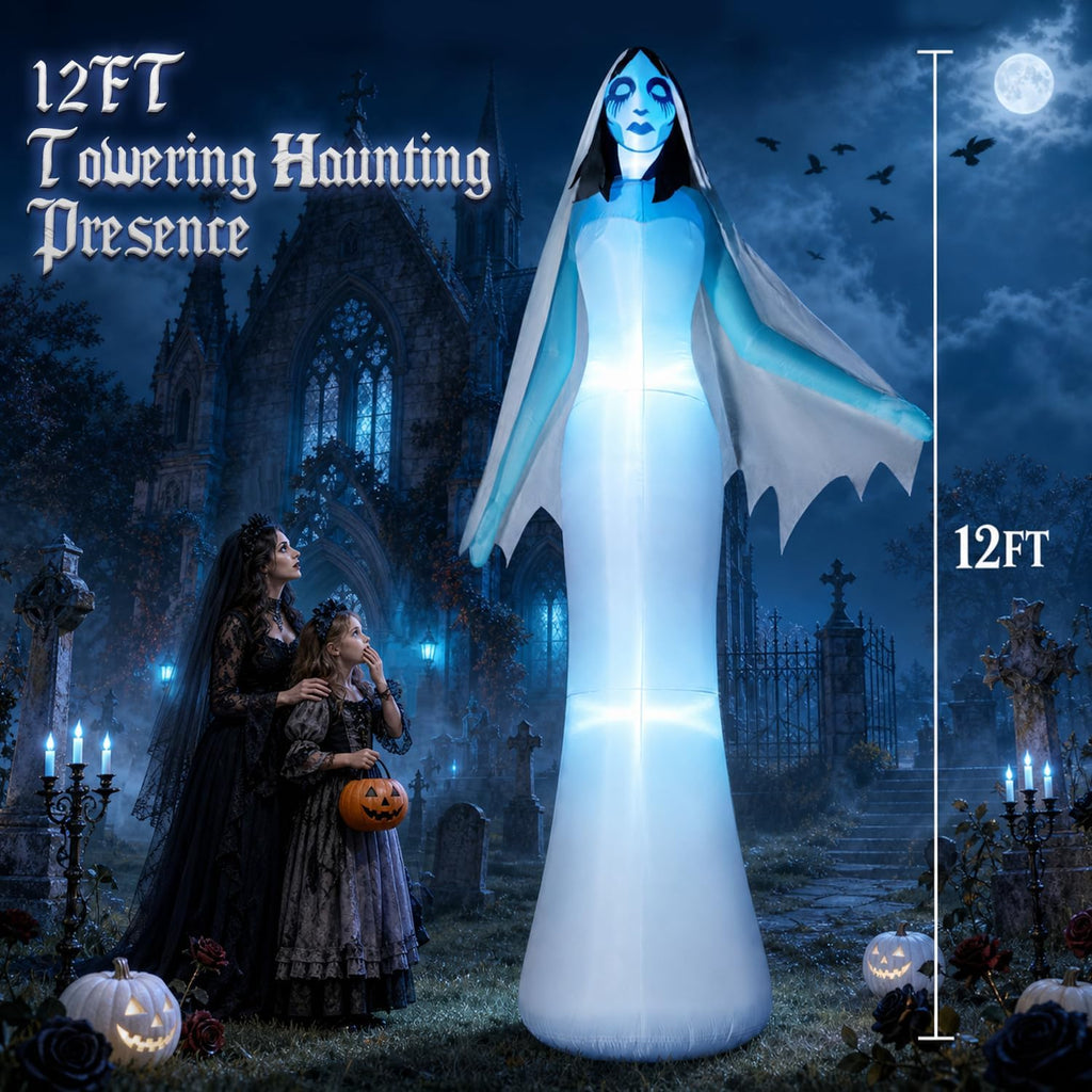 zukakii 12FT Giant Halloween Inflatables Ghost Bride with Built-in Whole-Body Blue LEDs, Spooky Halloween Decorations Outdoor Huge Blow Up Yard Decoration Creepy Blowups Large for Holiday & Party