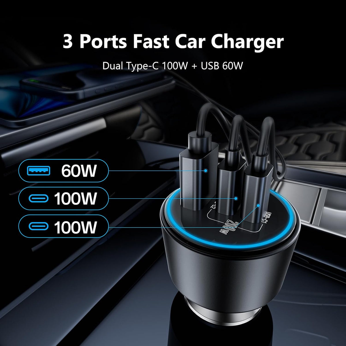 200w super fast car charger, adapter with 2×100w, side view