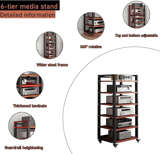 Dernoing 6 Tier Audio Rack Tower, CD Record Player Stereo Receiver AV Equipment