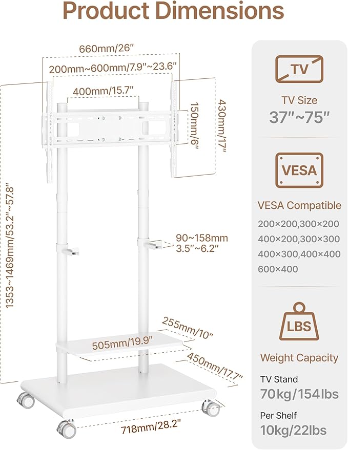 ECOTINY Steel Base Rolling TV Stand