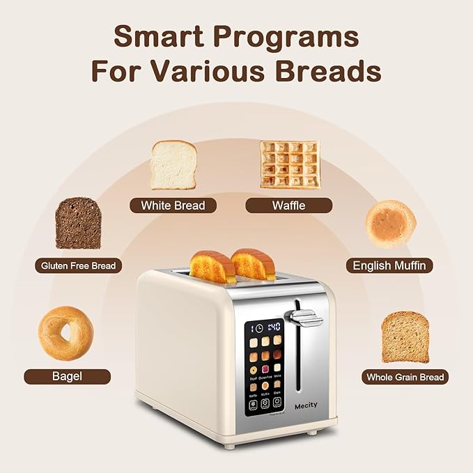 Mecity 2 Slice Touch Screen Toaster, 1.5" Wide Slot, Stainless Steel Smart