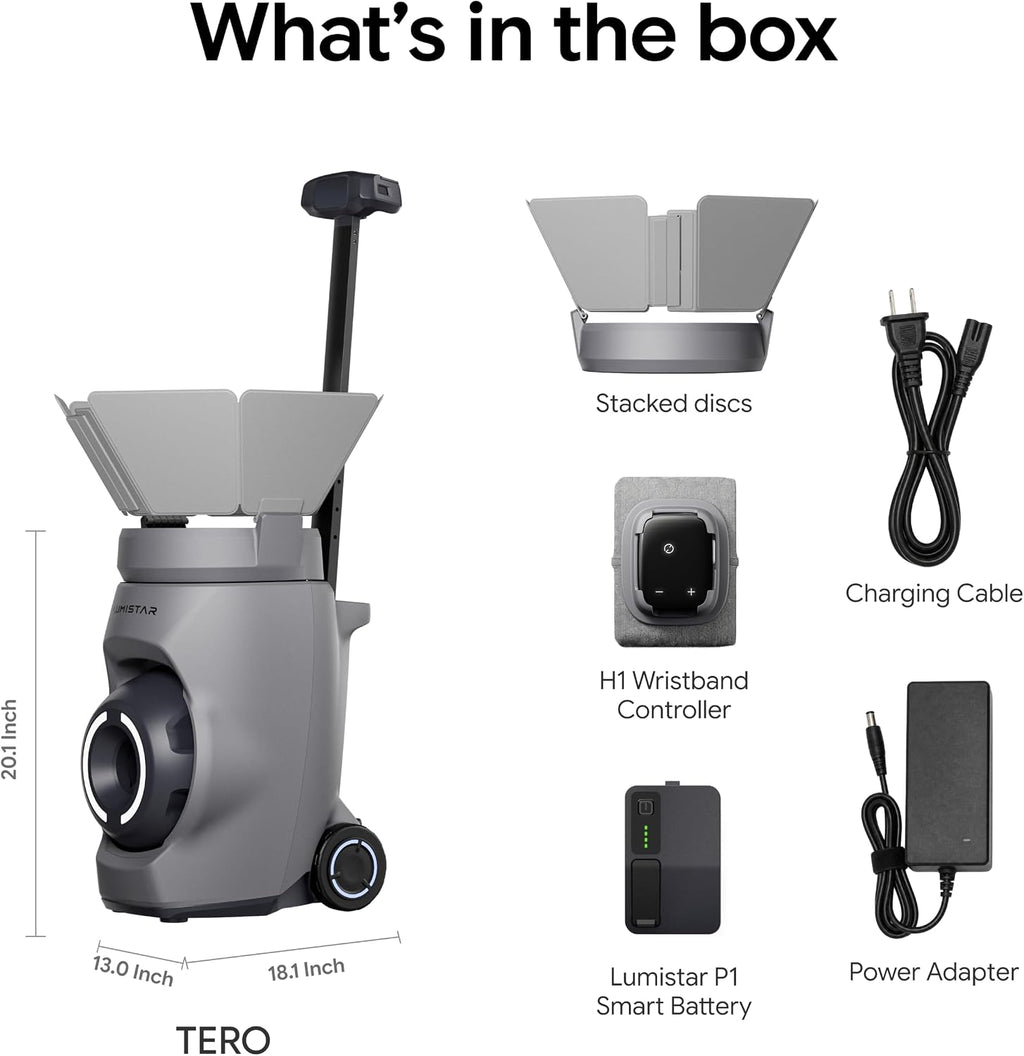 TERO Tennis Ball Machine, Smart Portable Tennis Robot with App & Wrist Remote, Triple-Axis Gimbal, 87 mph, 100+ Balls, Full-Court Drills, All-in-One Design