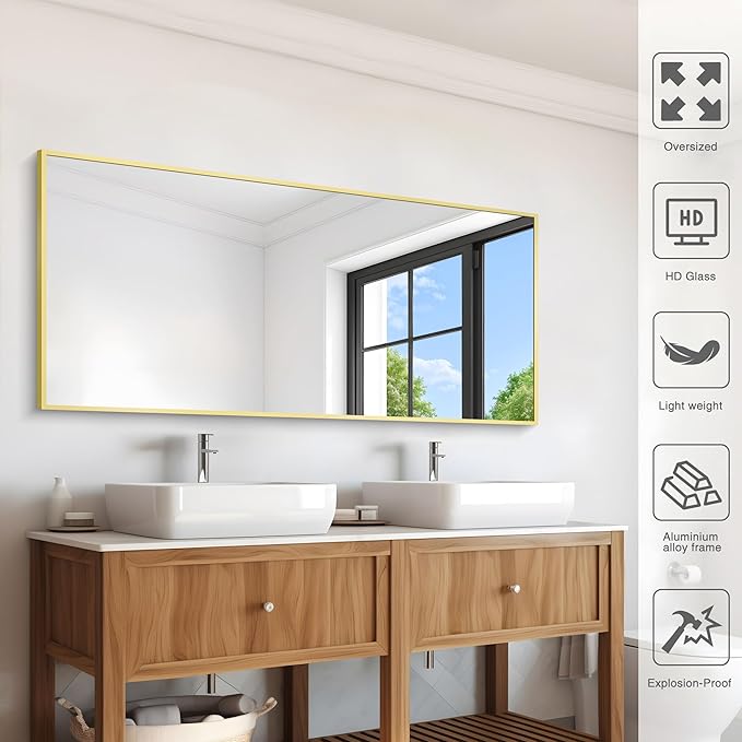 Gold Bathroom Mirror for Wall, 60x30 Inch Rectangle Mirrors