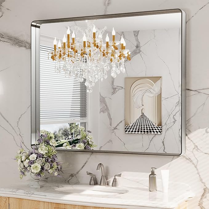 LOAAO 40X36 Inch Brushed Nickel Bathroom Mirror, Rounded Rectangle Silver Metal