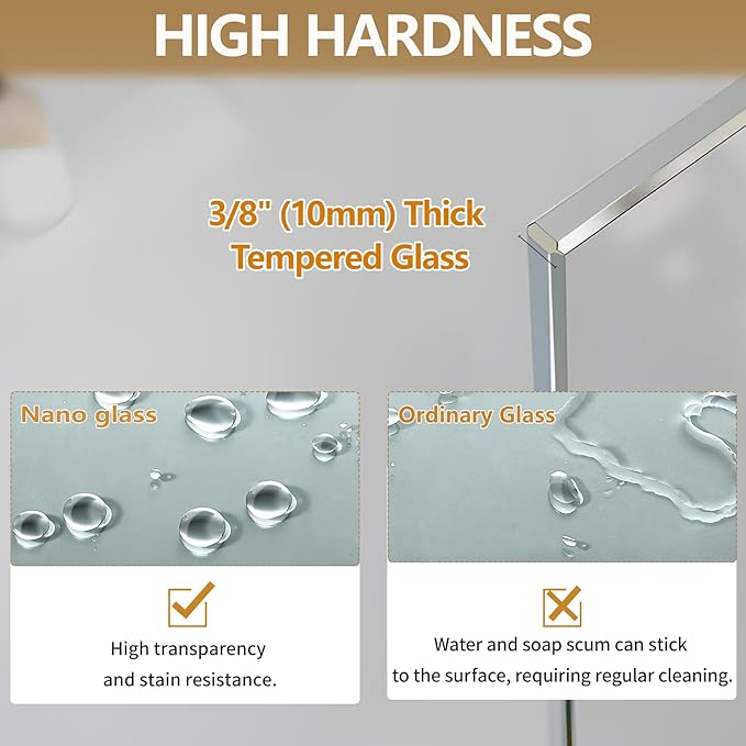 36"x76" Fixed Glass Shower Door, 3/8" Thick Mid-Band Frosted Privacy Tempered