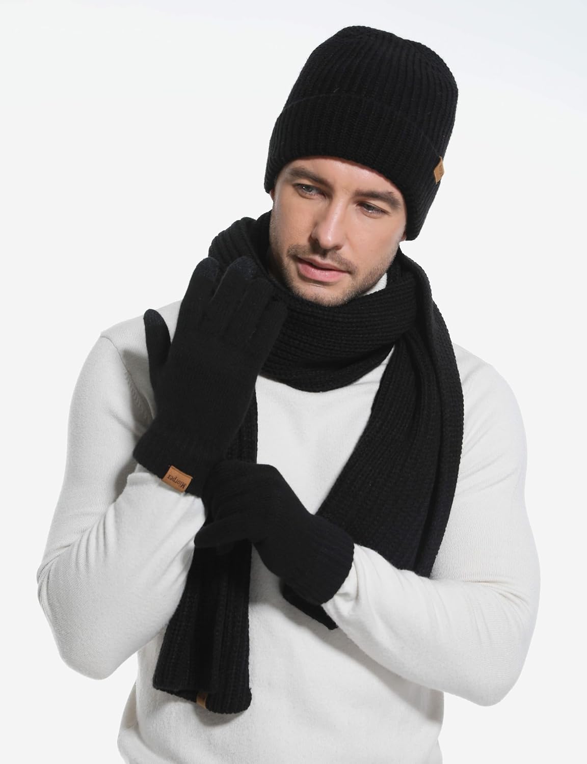Mens Winter Beanie Hat Touchscreen Gloves Long Scarf 3 Set with Warm Fleece Lined Knit Cap Scarves for Men Women