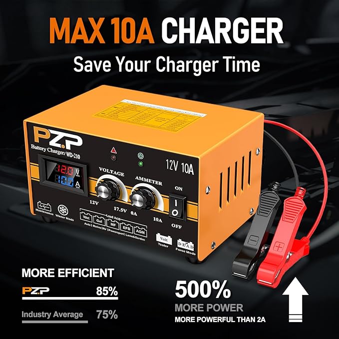 PZP 12V Manual Battery Charger Maintainer, 0 to 10A Arbitrarily Adjustable Car