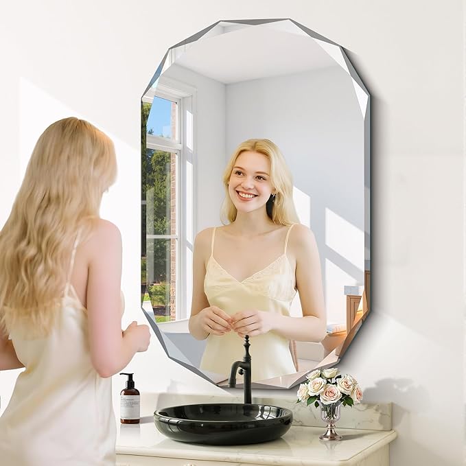 GLASHOM Frameless Bathroom Mirror, 30x48 inch Beveled Bathroom Mirror Wall