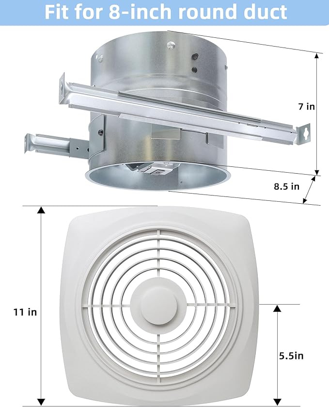 8 Inch Bathroom Exhaust Fan Ceiling Mount 200 CFM 8.5 Sones Kitchen Exhausts