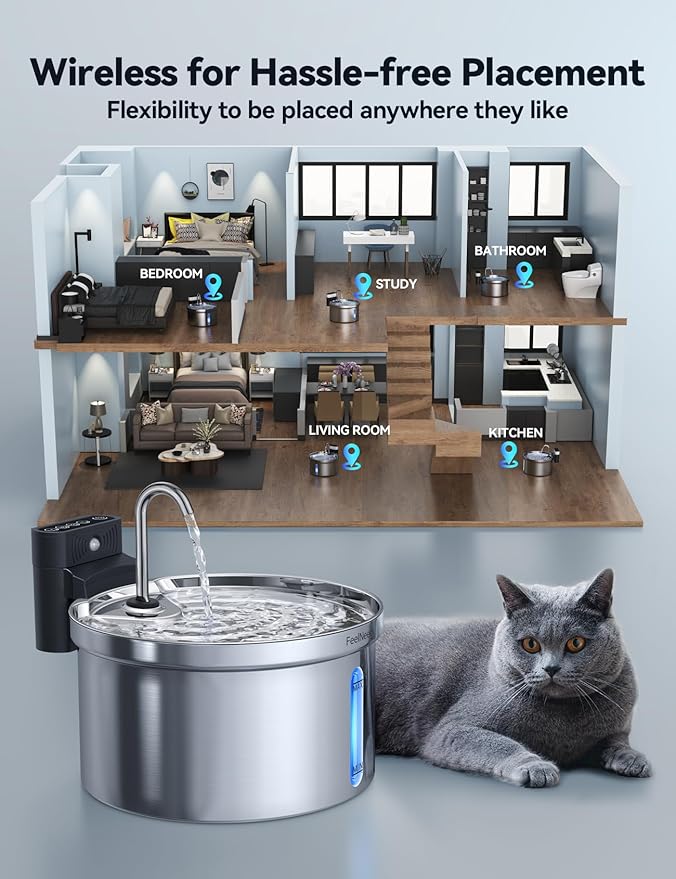 Wireless Cat Water Fountain FEELNEEDY Stainless Steel Automatic Pet Water