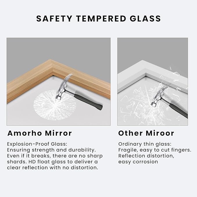 Amorho Bathroom Mirror for Wall, 48X32 Inch Oak Wood Grain Metal Framed Mirror