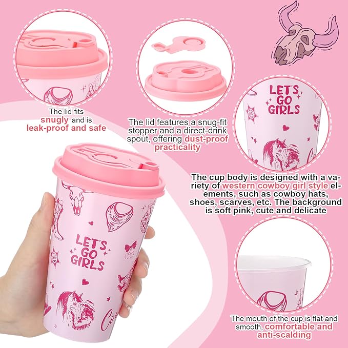 Yungyan 36 Sets Pink Cowgirl Party Favors Goodie Cups with Lids and Straws for Halloween Party Decorations Reusable 16oz Plastic Candy Cups Plastic Straws for Birthday Gift(Pink Cowgirl)