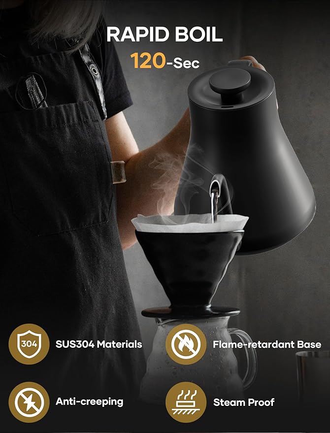 Electric Kettle, Gooseneck Electric Kettle, ±1℉ Temperature Control, Stainless