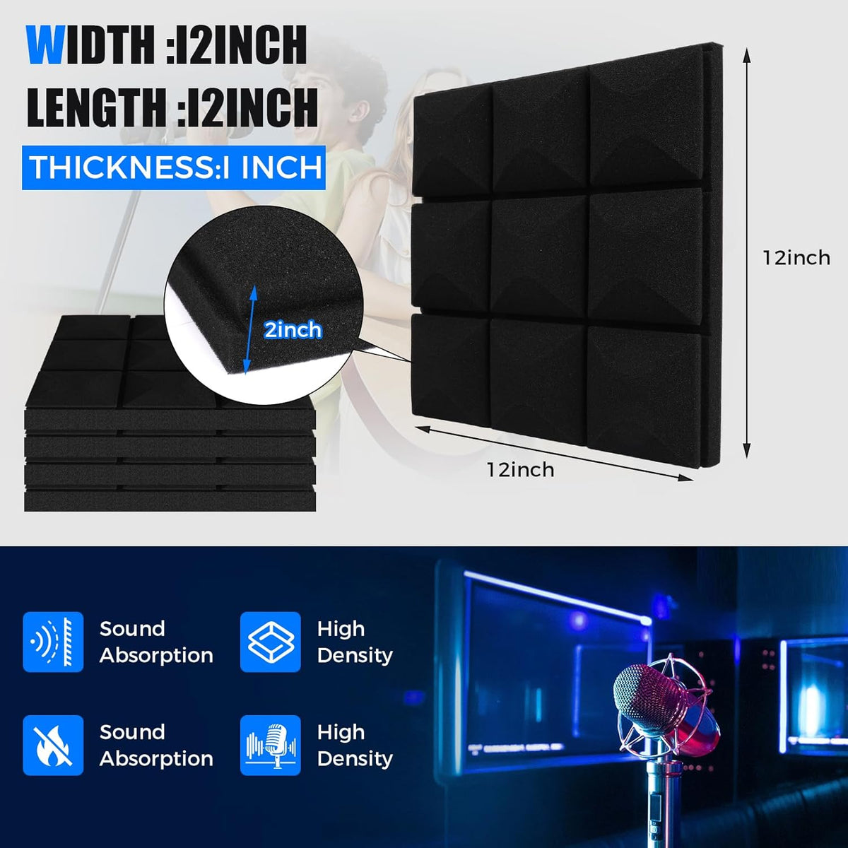 acoustic panels 12 x 12 x 2 inches shown in use