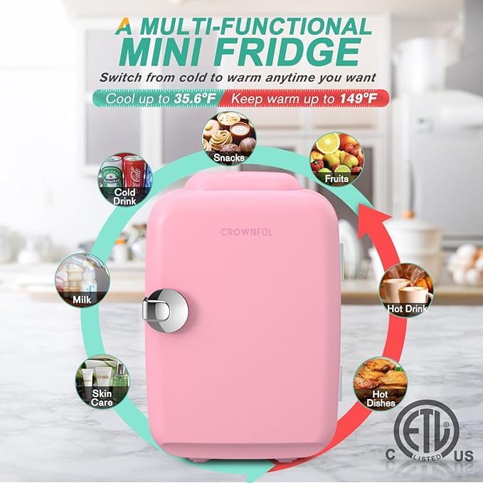 CROWNFUL Mini Fridge, 4 Liter/6 Can Portable Cooler and Warmer Personal