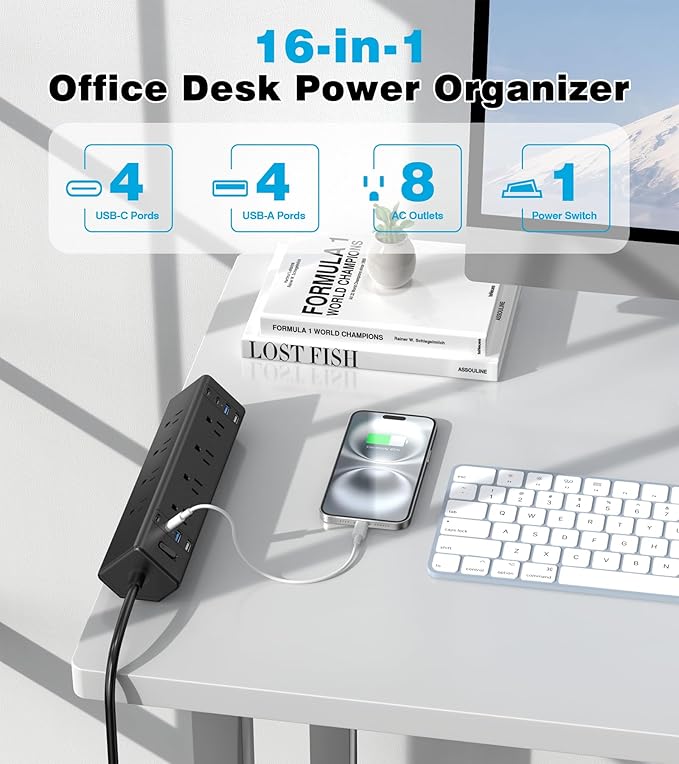 40W Fast Charging Station, Desk Clamp Power Strip, 4 USB-C Ports & 8 AC Outlets