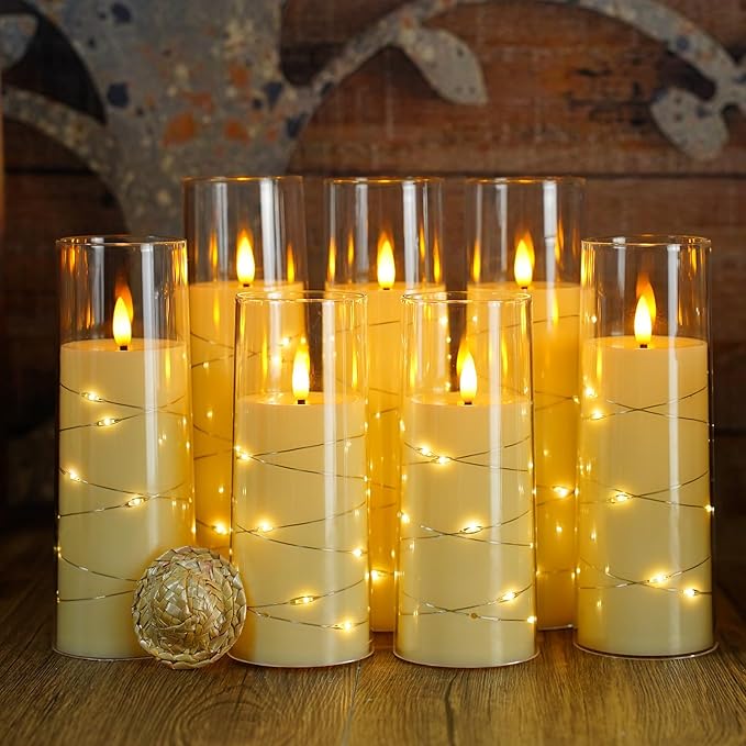 Flameless Candles with Embedded Star String, Battery Operated LED Pillar (Set of 7)