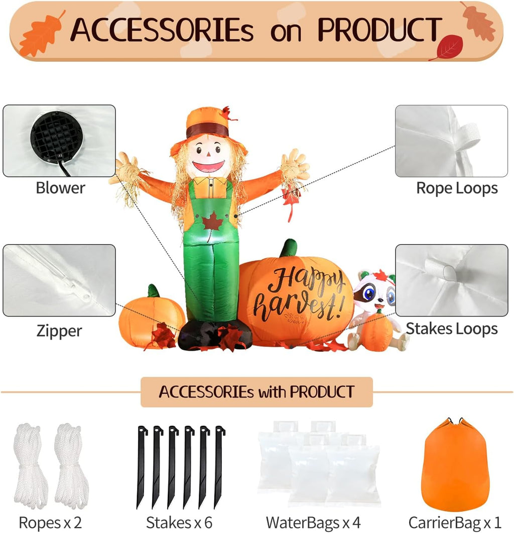 DomKom 6ft Tall LED Lighted Inflatable Scarecrow and Pumpkin – Halloween Thanksgiving Fall Yard Decoration with Built-in Lights – Outdoor Blow Up Decor for Lawn, Garden, Party