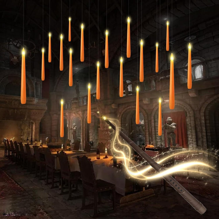 kakoya Flameless Floating Candles with Wand，20 Pcs Magic LED Hanging Taper Candles，Flickering Battery Operated Taper Candle with Wand Remote for Halloween Decorations Best Gift(Orange)