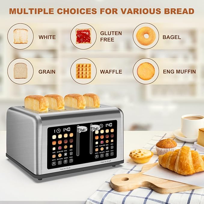 4 Slice Toaster Touch Screen, Stainless Steel Toasters Digital Timer, Dual