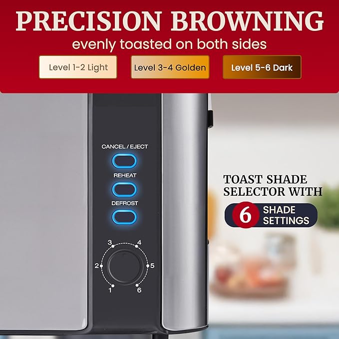 Elite Gourmet ECT3200 2-Slice, 1 Long Slot, Slim Toaster, 6 Toast Settings