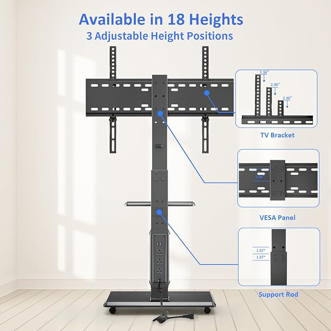 Rolling TV Stand with Power Outlet, Mobile TV Cart
