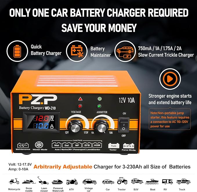 PZP 12V Manual Battery Charger Maintainer, 0 to 10A Arbitrarily Adjustable Car