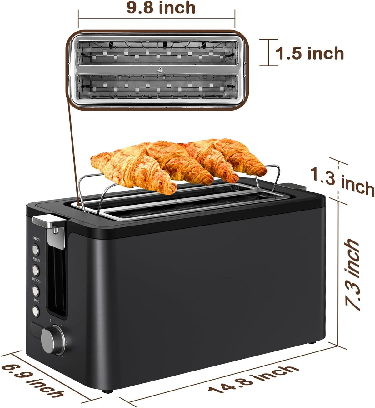 Mecity 4 Slice Toaster, Long Slot Toaster with Timer, Bagel, Defrost, Reheat, Cancel Functions, Warming Rack, Removable Tray, 6 Browning Settings, Extra Wide Slots, Stainless Steel, 1300W
