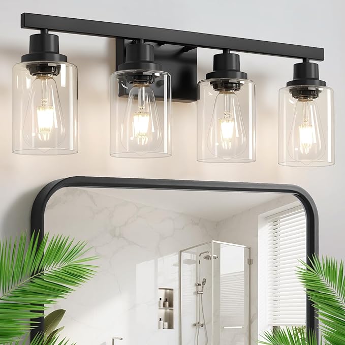 DIKAIDA Bathroom Vanity Light, 4-Light Modern Matte Black Wall Sconce Lighting