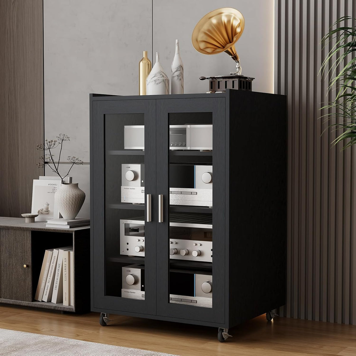 ELECWISH 5 Tier Media Cabinet with Glass Door & Adjustable Shelves, Black